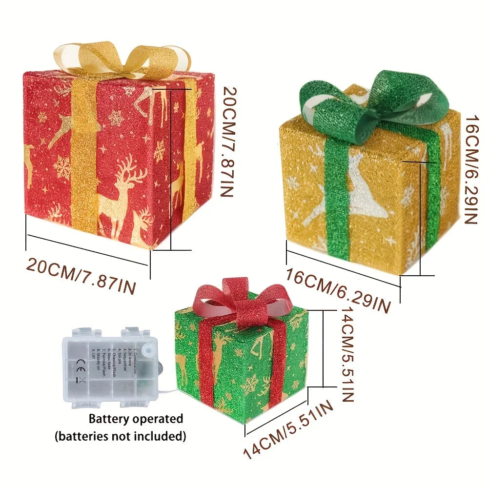 3-Piece Christmas LED Gift Box Set - Warm White Holiday Decoration (No Batteries Included)