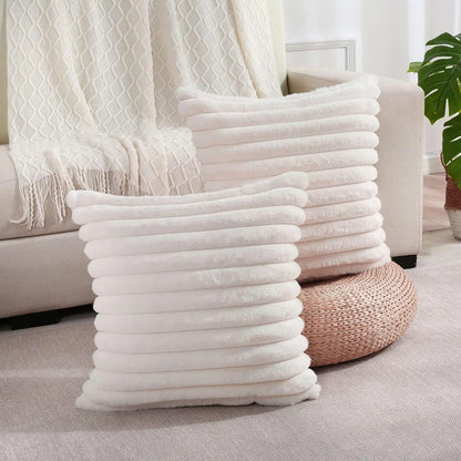 Faux Rabbit Fur Square Cushion Cover – Thick Striped Super Soft Solid Color Pillow, 45x45cm Sofa Decor