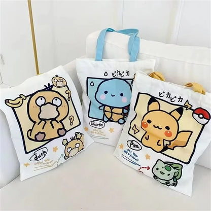 Pokemon Canvas Shoulder Bag - Pikachu Psyduck Squirtle Large Capacity Reusable Casual Handbag for Women Shopping