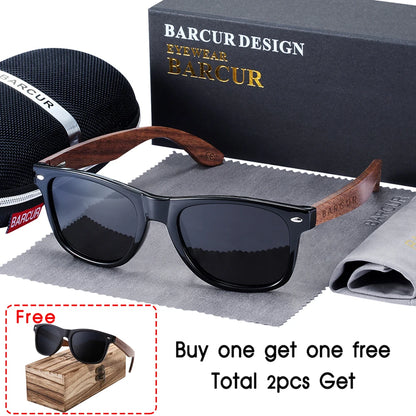 BARCUR Black Walnut Wood Polarized Sunglasses for Men – High-Quality Square UV400 Eyewear with Original Box