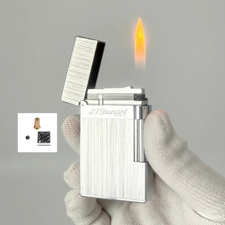 JT.Dunant Luxury Brass Gas Lighter - Refillable Butane Cigarette & Cigar Accessory with Vertical Pattern Design