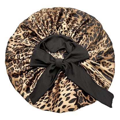 Satin Nightcap for Women - Wide Stretch, Extra-Large Long Tail, Shower Cap with Ribbon, Round Hat Hair Bonnet