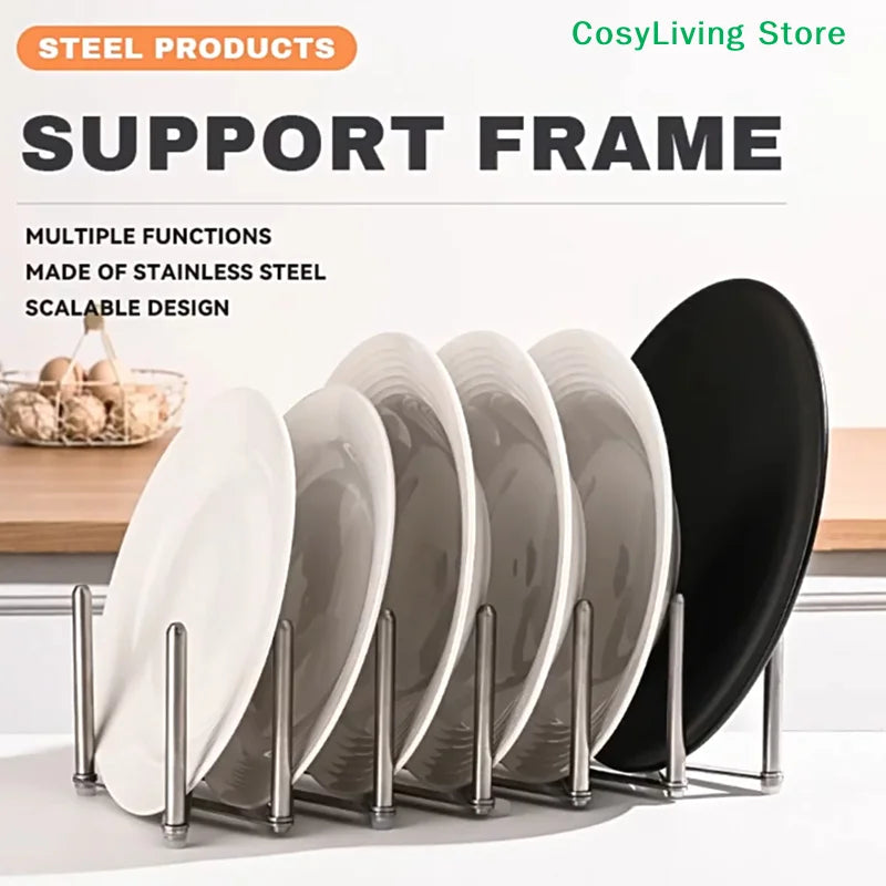 Foldable Stainless Steel Dish & Lid Rack - Retractable Pot Lid Organizer for Kitchen Tableware Storage
