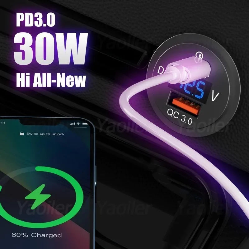 48W Quick Charge 3.0 Waterproof USB Car Charger 12V/24V PD Type-C + QC3.0 Dual USB Fast Charging Socket with LED Voltmeter for Cars, Trucks & Boats