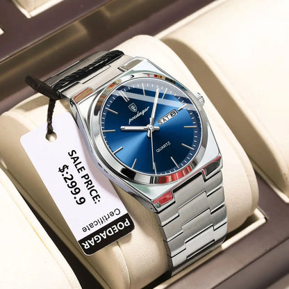 POEDAGAR Luxury Men's Watch – Waterproof Luminous Quartz with Date and Week, Stainless Steel, Casual with Box