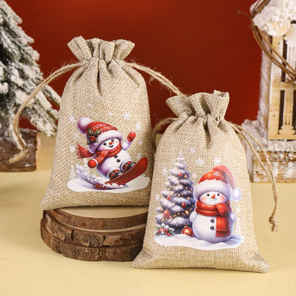6pcs Christmas Linen Drawstring Gift Bags - Burlap Candy Biscuit Pouches for Holiday Decor & Xmas Gift Packaging