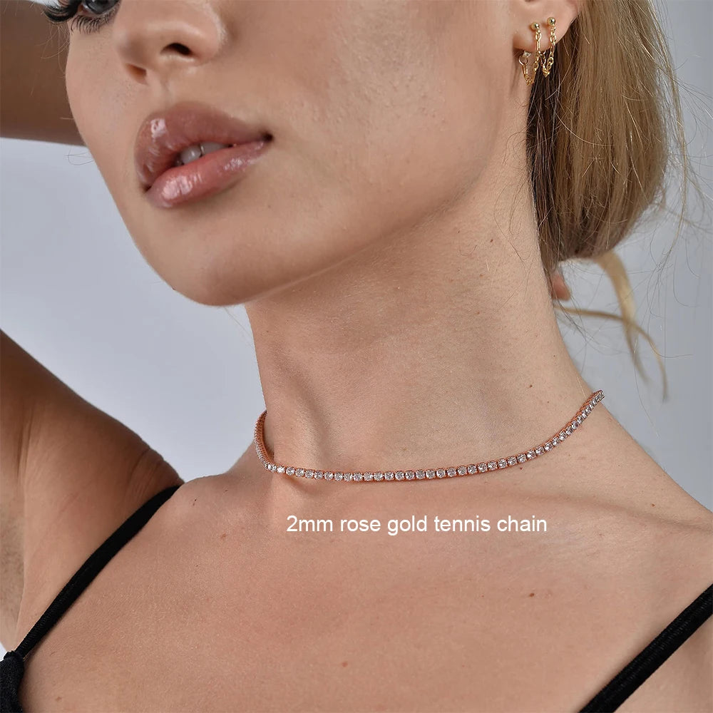 2mm Moissanite Tennis Necklace for Women – S925 Silver, 18K Gold Plated Adjustable Choker Wedding Jewelry