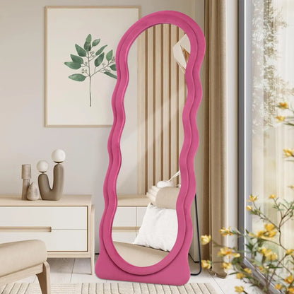 Full-Length Arched Floor Mirror – 63"x24" Wavy Full Body Mirror with Stand, Wall Mounted Leaning Milk Tea Flannel Frame