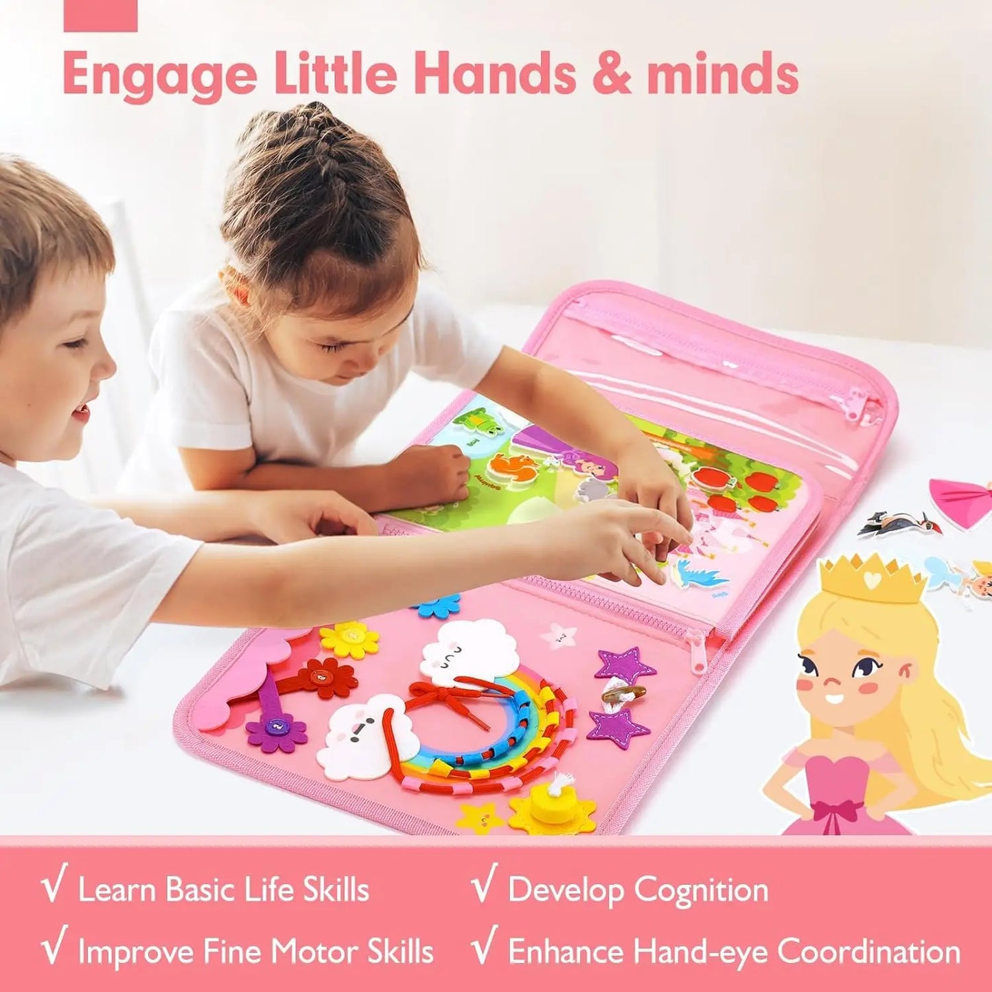 Montessori Toddler Busy Board – Dinosaur Dress-Up Sensory Toy for Learning Life Skills & Travel Backpack