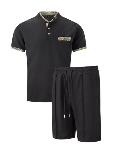 2025 Men's Summer Waffle Knit Short Set – Solid Color Zip-Up Lapel Shirt & Shorts | European & US Style