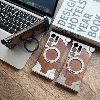 Aluminum & Wooden Magnetic Phone Case – 360° Shockproof Magsafe Cover for Samsung Galaxy S22-S25 Ultra