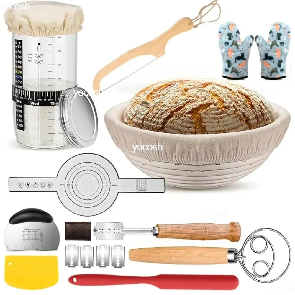 Professional Baking Kit – 24oz Sourdough Starter Jar, Pastry Mat, Scraper, Bread Knife & Gloves for Home DIY Baking