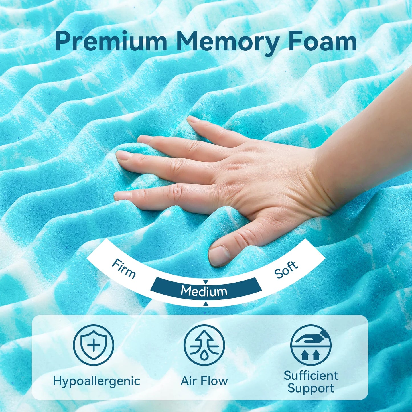 Hcore 5-Zone Cooling Gel Memory Foam Mattress Topper – Pressure Relief Bed Topper for Comfort & Support (Blue)