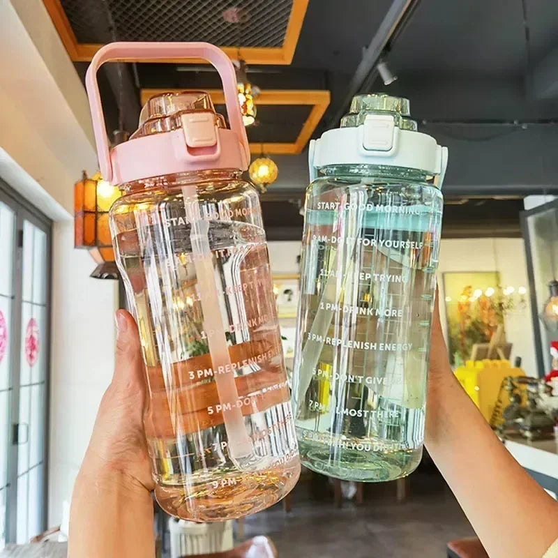 2L Portable Water Bottle - Large Capacity Plastic Drink Cup with Straw and Time Marker for Outdoor Sports and Fitness