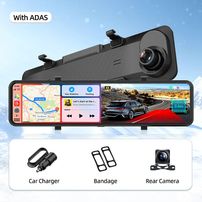 Imagebon 12" 4K Car Mirror – Wireless CarPlay, Android Auto, ADAS, Rearview Camera, GPS, FM, Night Vision Video Recorder