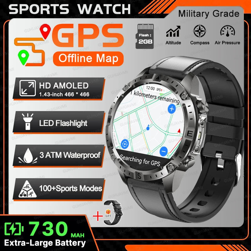 All-Terrain GPS Sports Smartwatch - Offline Maps, Altimeter, Barometer, Compass, 3ATM Waterproof & 730mAh Battery