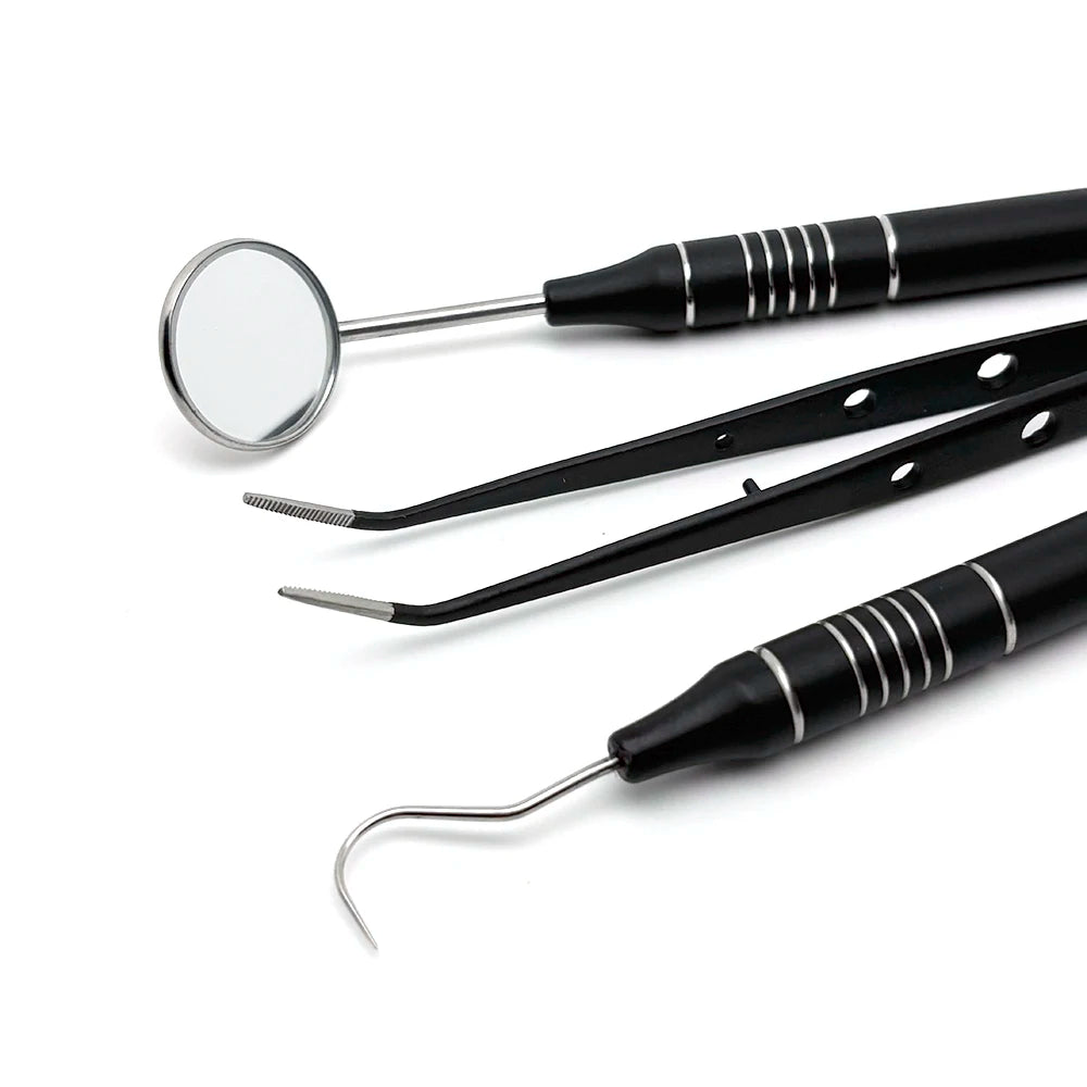 3pcs Dental Mouth Mirror Tweezers & Curved Probe Kit – Stainless Steel Oral Cleaning Instruments