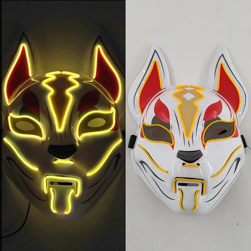 Glowing LED Fox Mask – Neon Japanese Anime-Inspired Samurai Cosplay Mask for Halloween, Christmas & Costume Parties