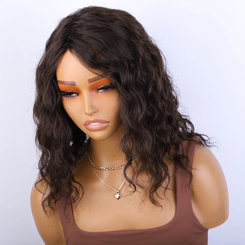 Honey Curly Bob Human Hair Wig — Side Part Pre-Plucked Glueless Brown & Blonde Curly Wig with Fringe Bangs