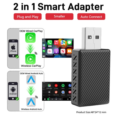 Wired to Wireless CarPlay & Android Auto Adapter – 2-in-1 Smart Box with Auto Connect for Mazda, Audi, Kia, Ford