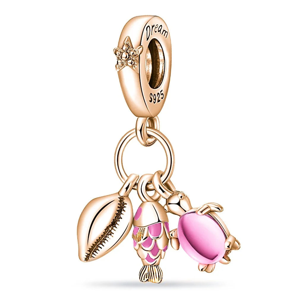 925 Silver Plated Murano Glass Sea Turtle Dangle Charm - Colorful Pink & Blue Jewelry for Women's Bracelet