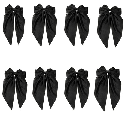 8 Ladies Satin Ribbon Bow Hair Clips – Oversized White, Pink, Red, Blue, Black Long Tail, Spring Clip for Ponytail Hair Accessories