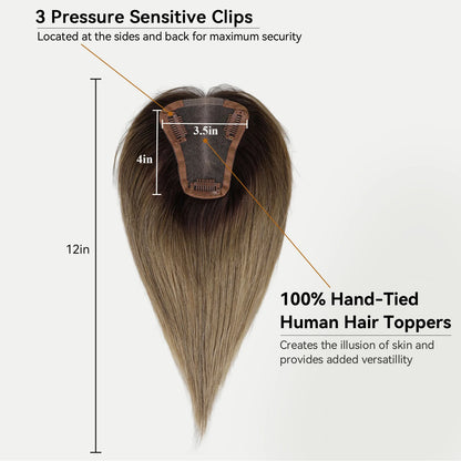 Ombre Blonde Brown 100% Remy Human Hair Topper – Silk Base Clip-In Extension for Women with Hair Loss, 12 Inch