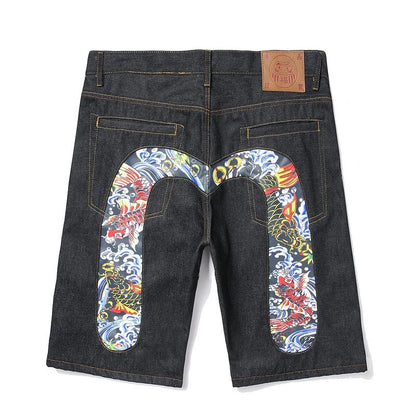 Men's Embroidered Denim Shorts - Black Hip-Hop Washed Cotton Shorts with Dragon & Cherry Blossom Design