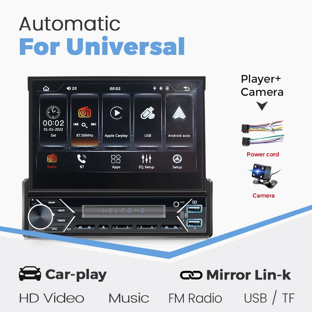 Carplay Android Auto 1 Din MP5 Player - 7 Inch Retractable Touch Screen, FM Radio, Mirror Link, Manual & Automatic Car Player