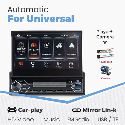 Carplay Android Auto 1 Din MP5 Player - 7 Inch Retractable Touch Screen, FM Radio, Mirror Link, Manual & Automatic Car Player