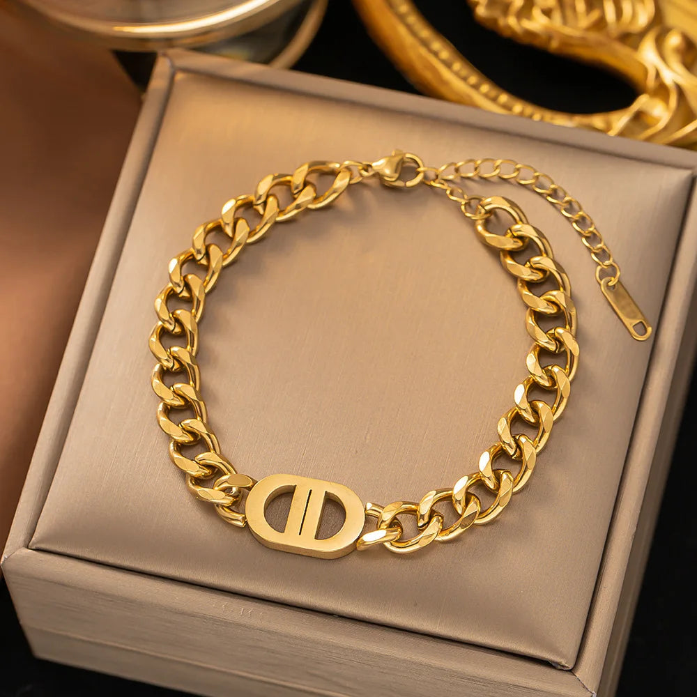 SGMAN Stainless Steel Cuban Chain Bracelet – Gold-Plated Fashion Bangle Set for Women, Waterproof Jewelry Gift