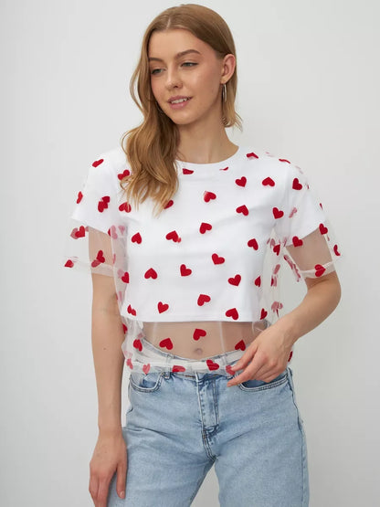 Hirsionsan Heart Mesh Patchwork Vintage T-Shirt – Y2K Aesthetic Streetwear Women’s Casual Cotton Short Sleeve Top