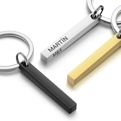 Personalized 3D Bar Keychain - Stainless Steel Engraved Name, Date or Logo Key Ring Gift P039