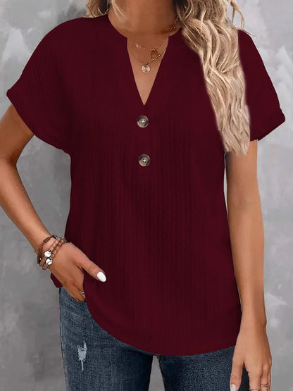 Women’s Casual Short Sleeve V-Neck Button Blouse – Loose Fit Summer Pullover Fashion Shirt