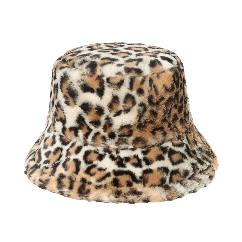 Women’s Winter Bucket Hat – Fashion Leopard Panama, Warm Vintage Faux Fur Fisherman Cap