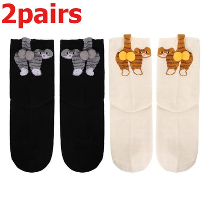 Funny 3D Cat Socks - 4-Piece Set of Quirky Cotton Cartoon Crew Socks for Gifts