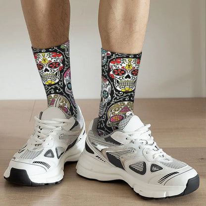 Funny Men’s Socks – Mexican Skull Vintage Harajuku Skeleton Hip Hop Crew Socks with Printed Pattern