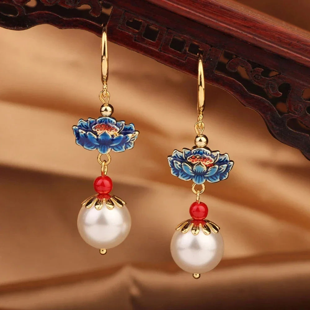 Vintage Flower Drop Earrings - Natural Stone Ethnic Jewelry for Women