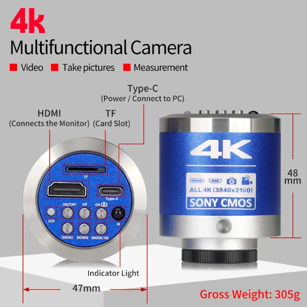 1080P 4K Digital Microscope — Full HD Industrial C-Mount Camera for PCB Welding & Mobile Phone Repair Stand