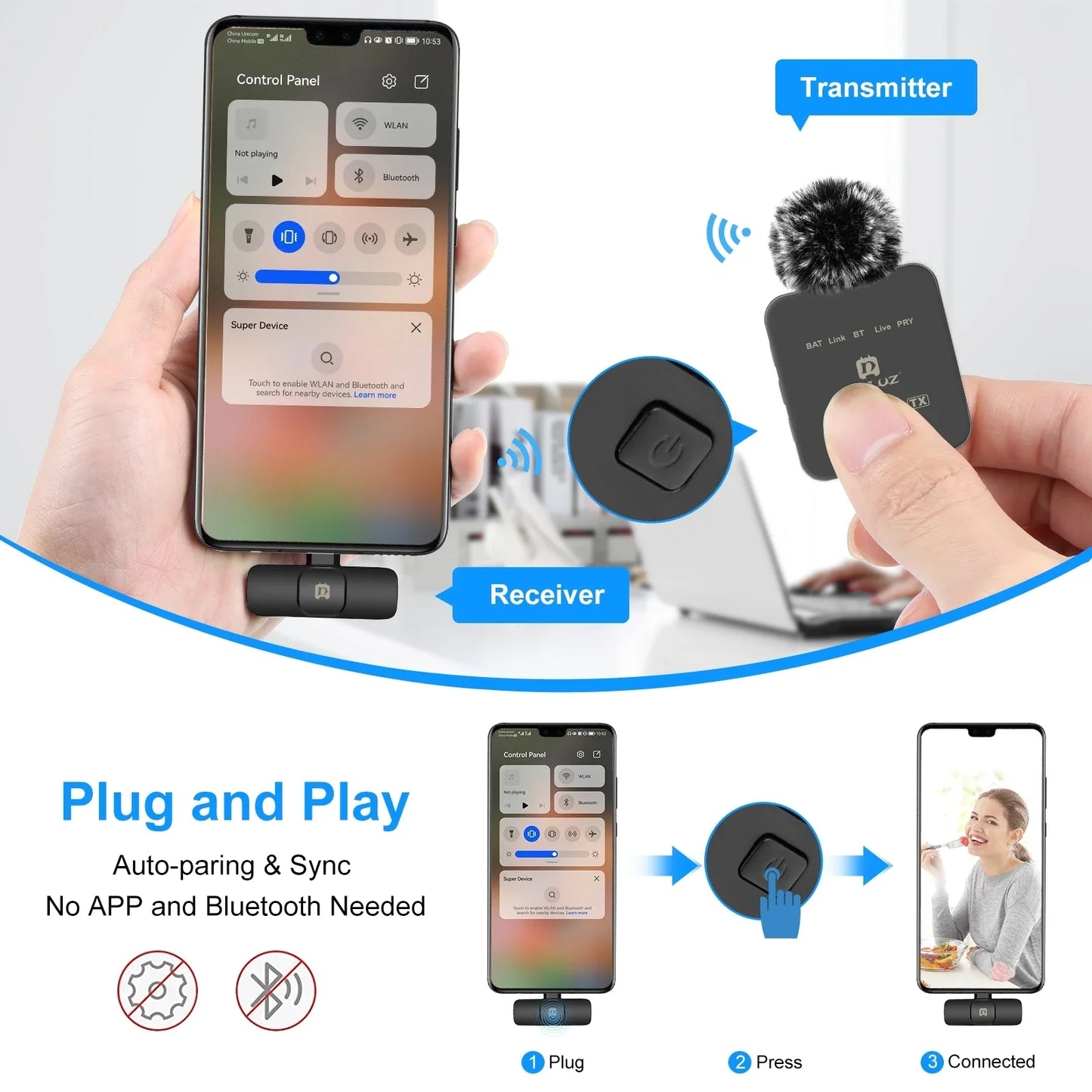 PULUZ Wireless Lavalier Microphone – Portable Mini Mic for iPhone & Android, Audio/Video Recording & Live Broadcast