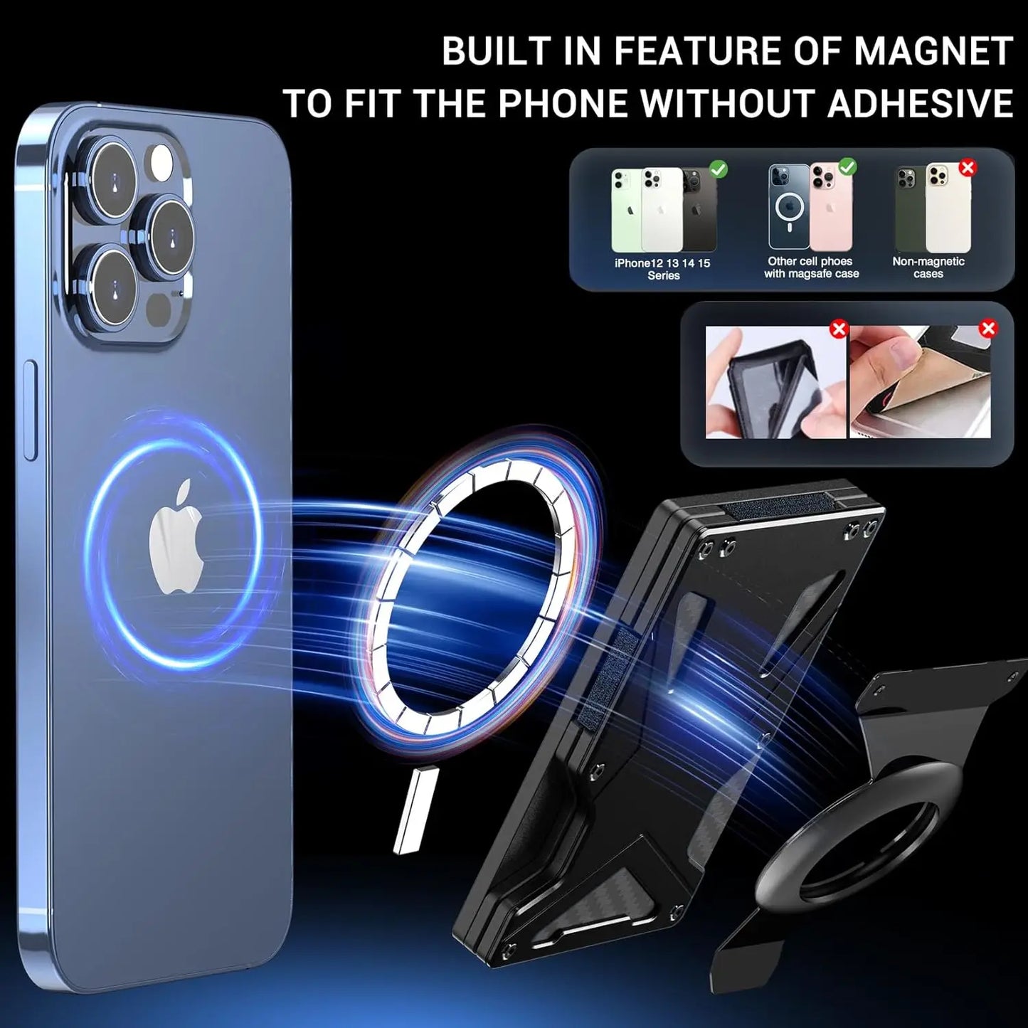 MagSafe Wallet & Money Clip with AirTag Holder + Magnetic Sheet — Fits Magnetic & Non-Magnetic Phones