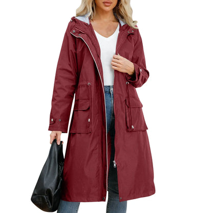 Women’s Hooded Trench Coat - Long Sleeve Solid Color Windbreaker with Elegant British Style