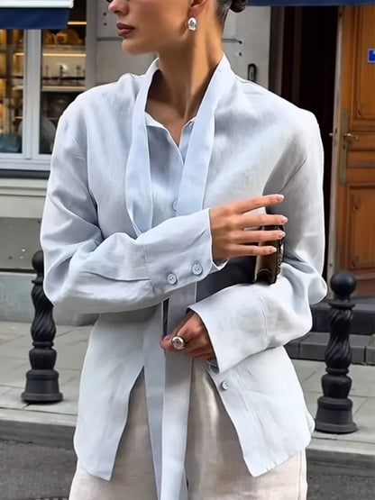 Wolfeel 100% Cotton Women’s Autumn Tie-Belt Shirt, Floating Ribbon Cardigan Slim Fit Commuting Blouse Top