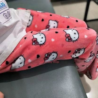 Thick Hello Kitty Fleece Pajama Pants – Soft Double Elastic Anime Trousers for Women, Cute Sanrio Birthday Gift