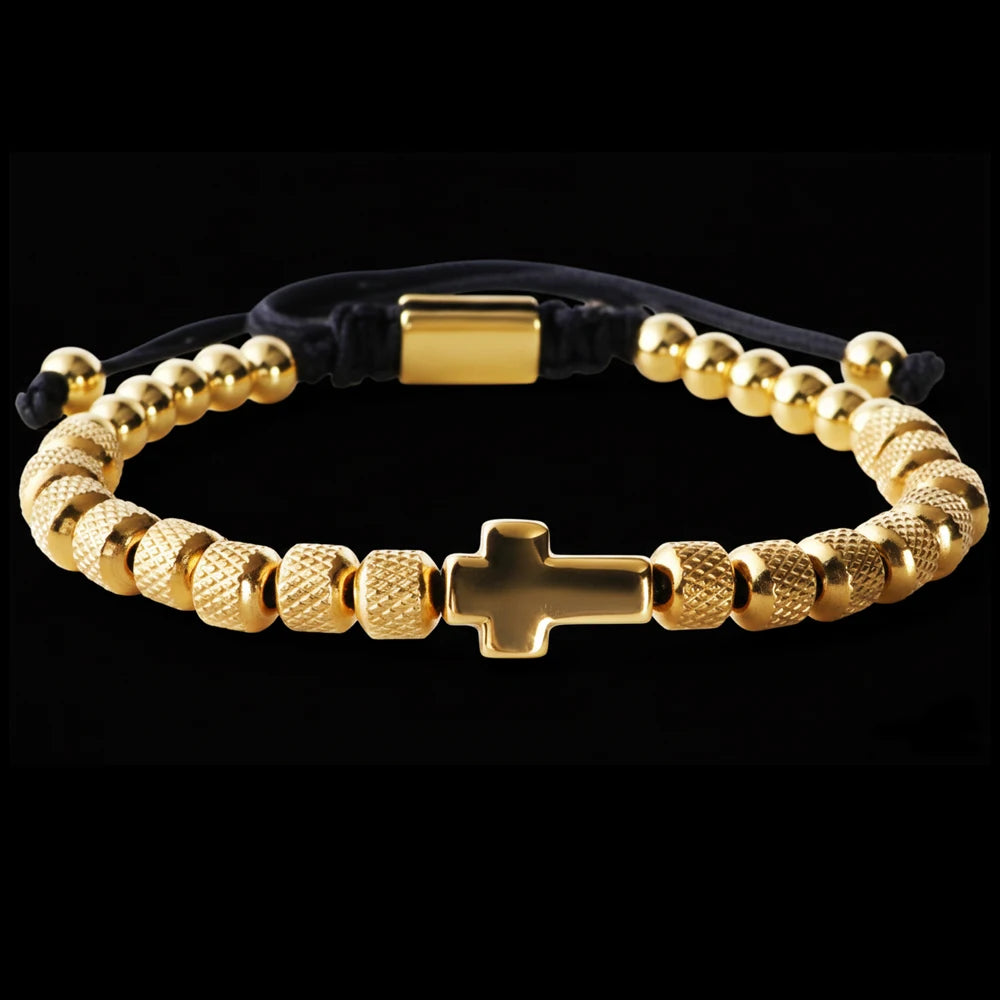 Cross Charm Beaded Bracelet - Stainless Steel Handmade Prayer Chain Jewelry Gift for Men & Women
