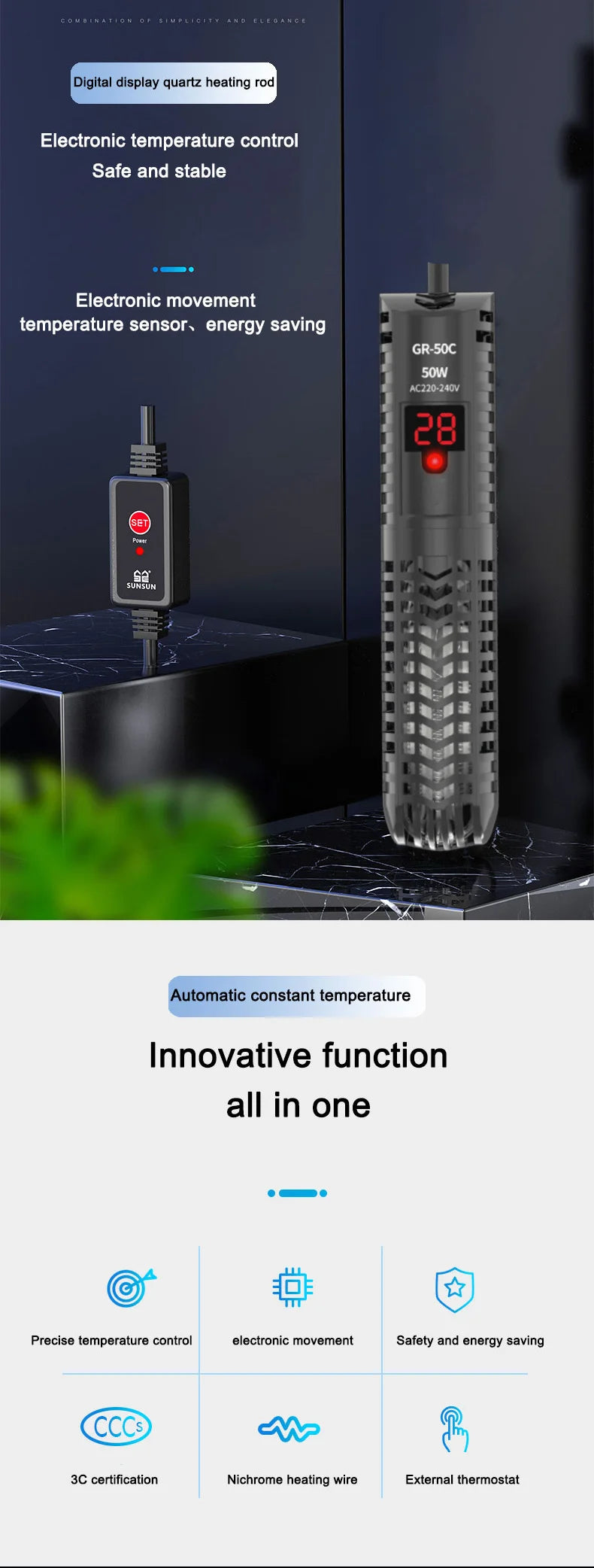 25W-300W Fish Tank Aquarium Heating Rod - Quartz Glass with Digital Display & Automatic Thermostat for Aquariums