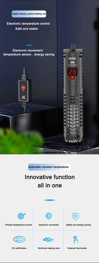 25W-300W Fish Tank Aquarium Heating Rod - Quartz Glass with Digital Display & Automatic Thermostat for Aquariums