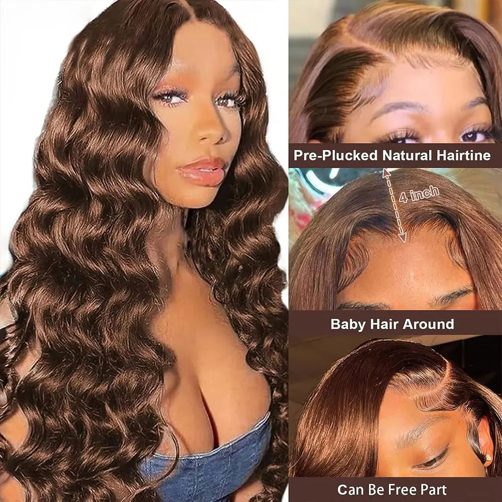Chocolate Brown Deep Wave Lace Frontal Wig - 13x4 Transparent Lace 34 Inch Human Hair Curly Wig 250% Density
