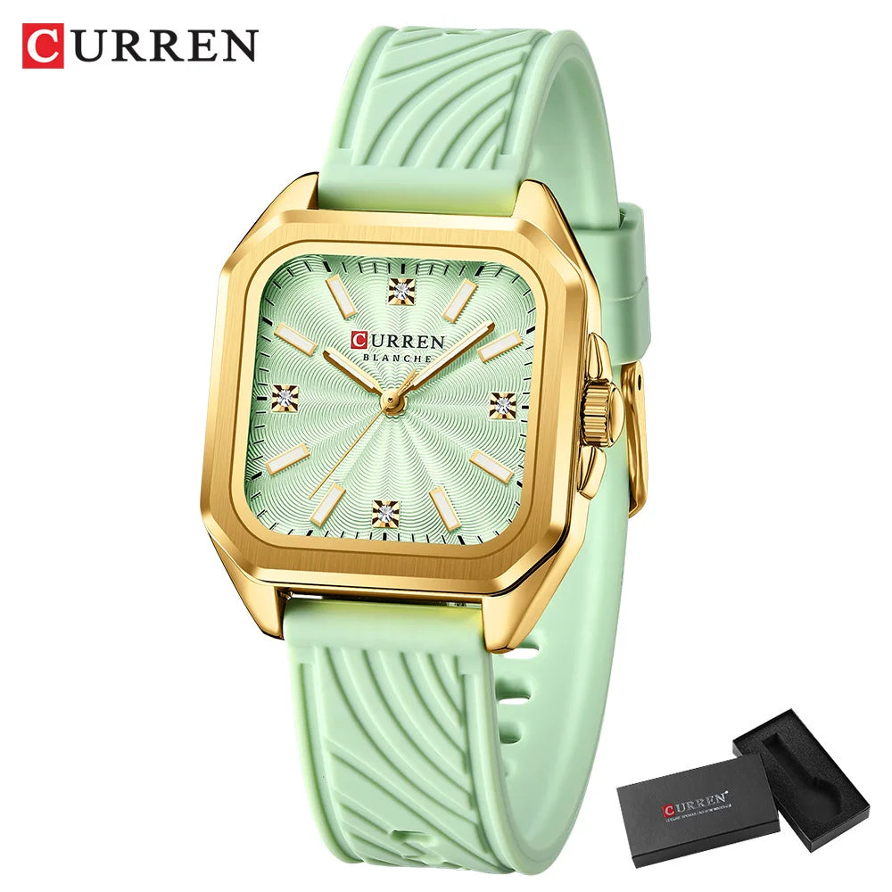 CURREN Square Women’s Quartz Watch - Casual Silicone Strap Fashion Wristwatch with Gift Box