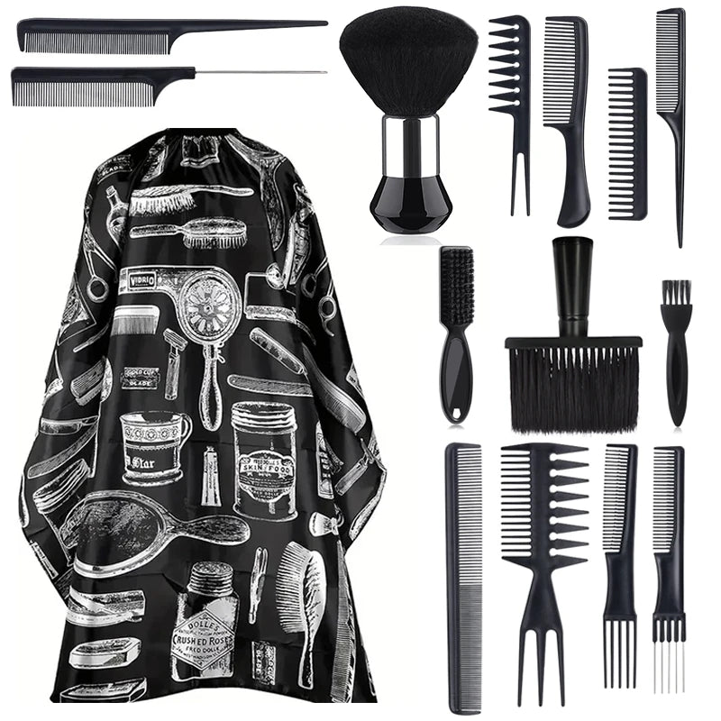 11pcs/15pcs Barber Salon Cloak Set – Adjustable Stylist Cape with Neck Buckle, Dust Removal Brush & Comb